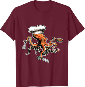 Funny Octopus Chef with Chef's Hat T-Shirt - T-Shirt | Maroon