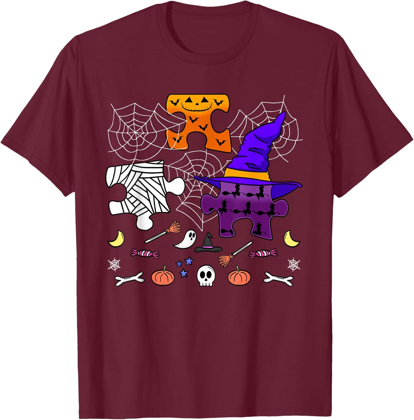 Autism ASD Awareness Halloween Puzzle Pieces Trick Or Treat T-Shirt - T-Shirt | Maroon