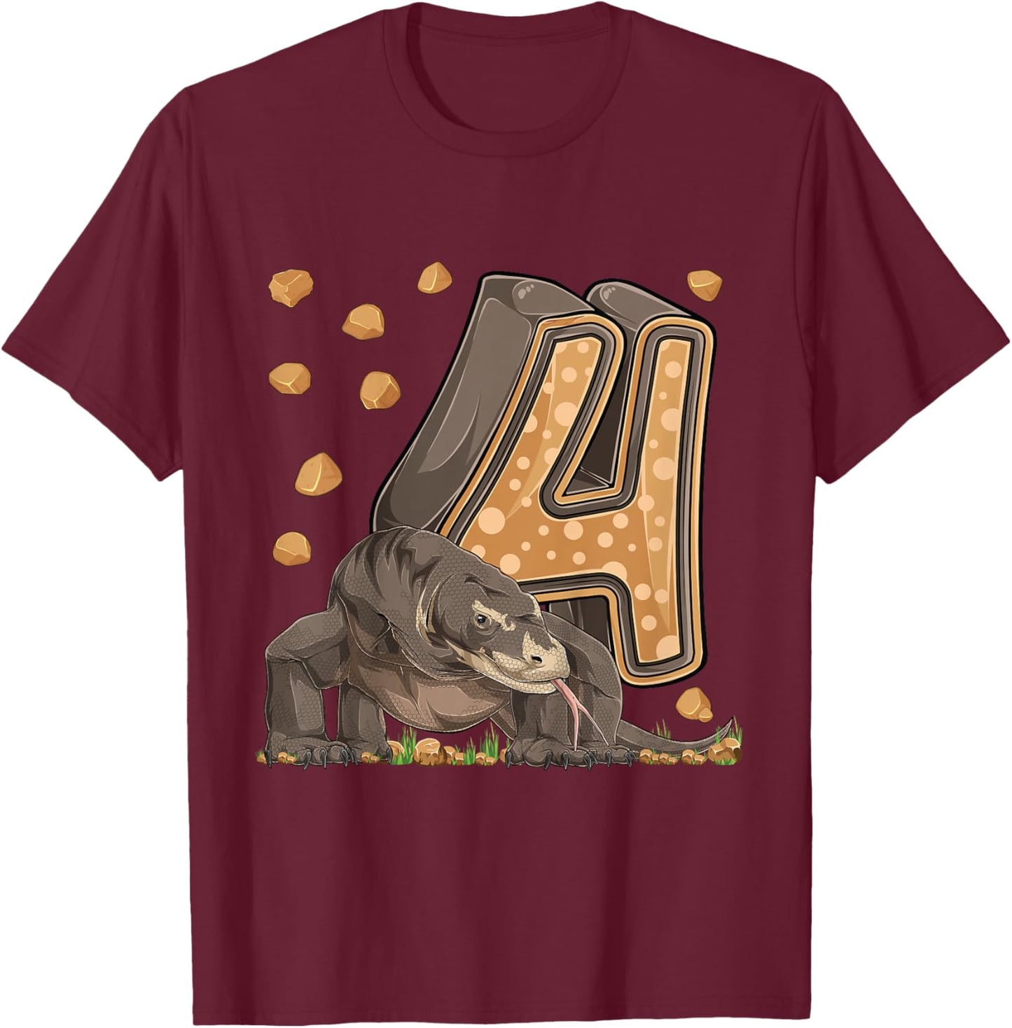 4 Year Old Komodo dragon Reptile 4th Birthday Party B-day T-Shirt - T-Shirt | Maroon