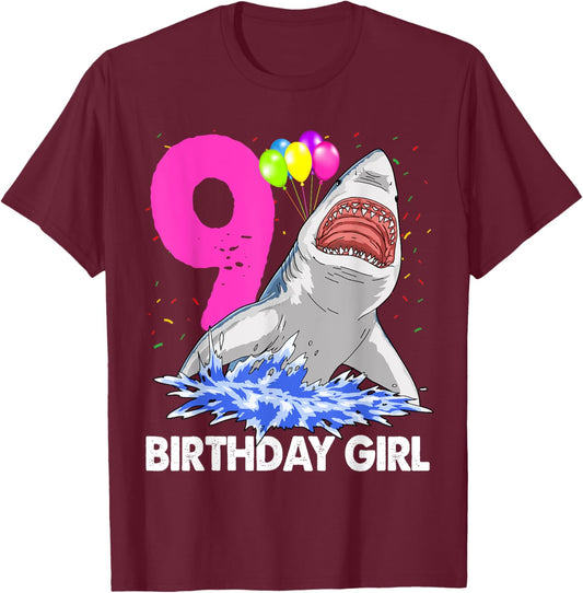 Funny Birthday Girl 9 Shark Women Celebration Gifts T-Shirt - T-Shirt | Maroon