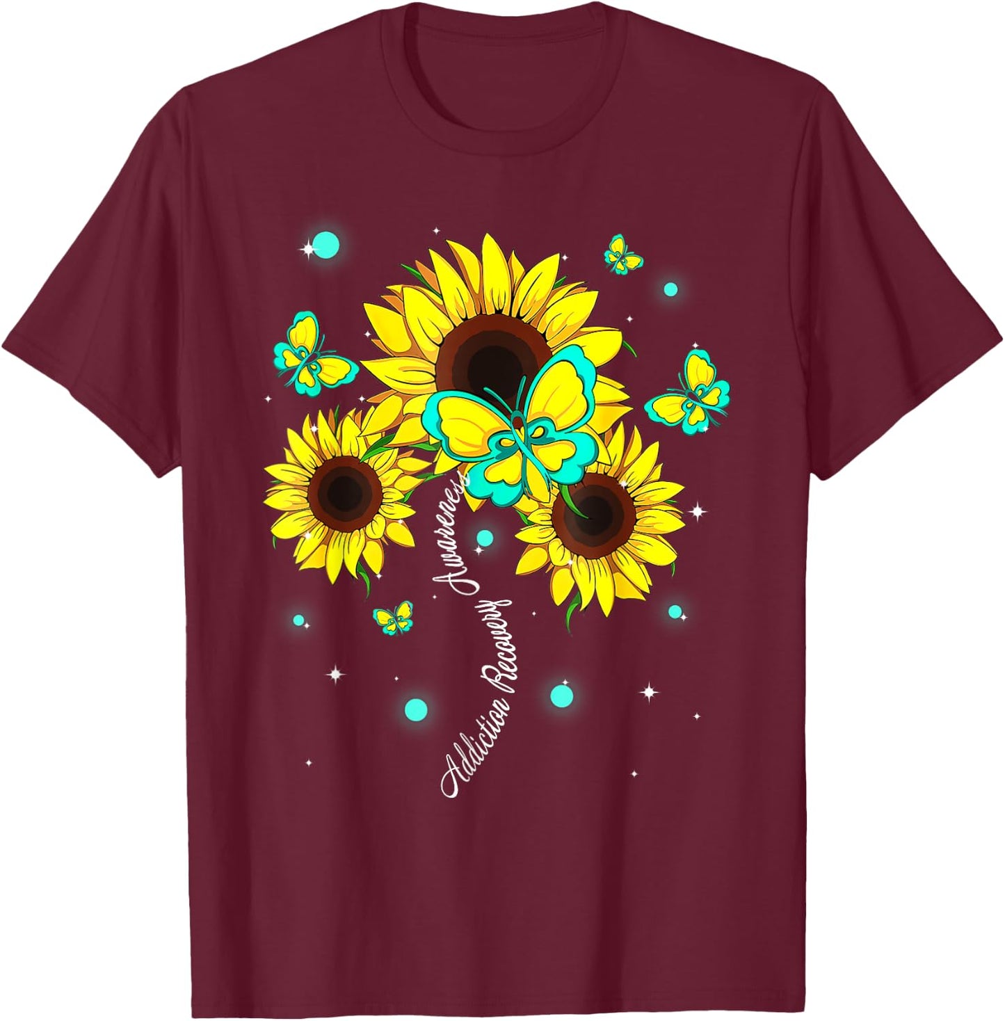Addiction Recovery Awareness Sunflower Butterfly Ribbon T-Shirt - T-Shirt | Maroon