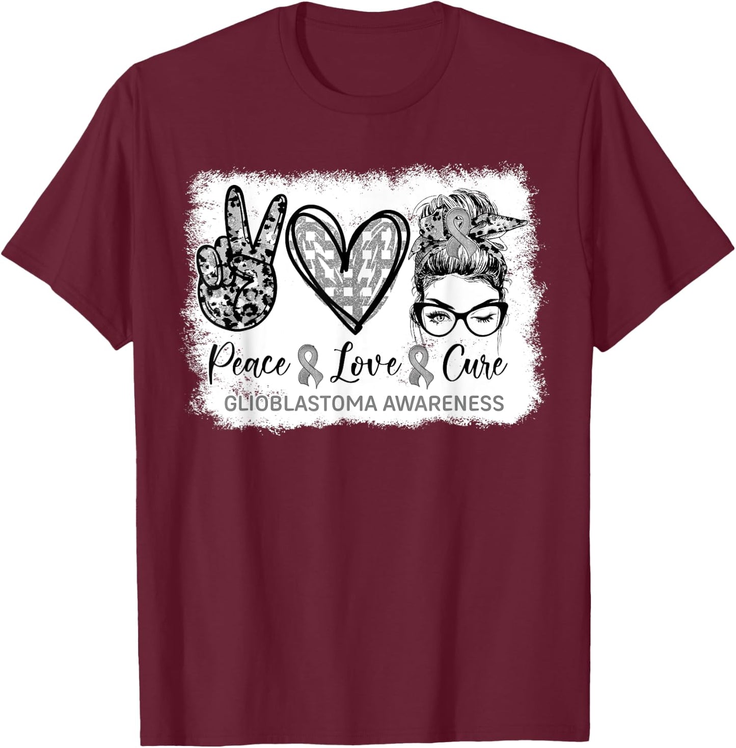 Messy Bun Peace Love Cure Gray Ribbon Glioblastoma Awareness T-Shirt - T-Shirt | Maroon