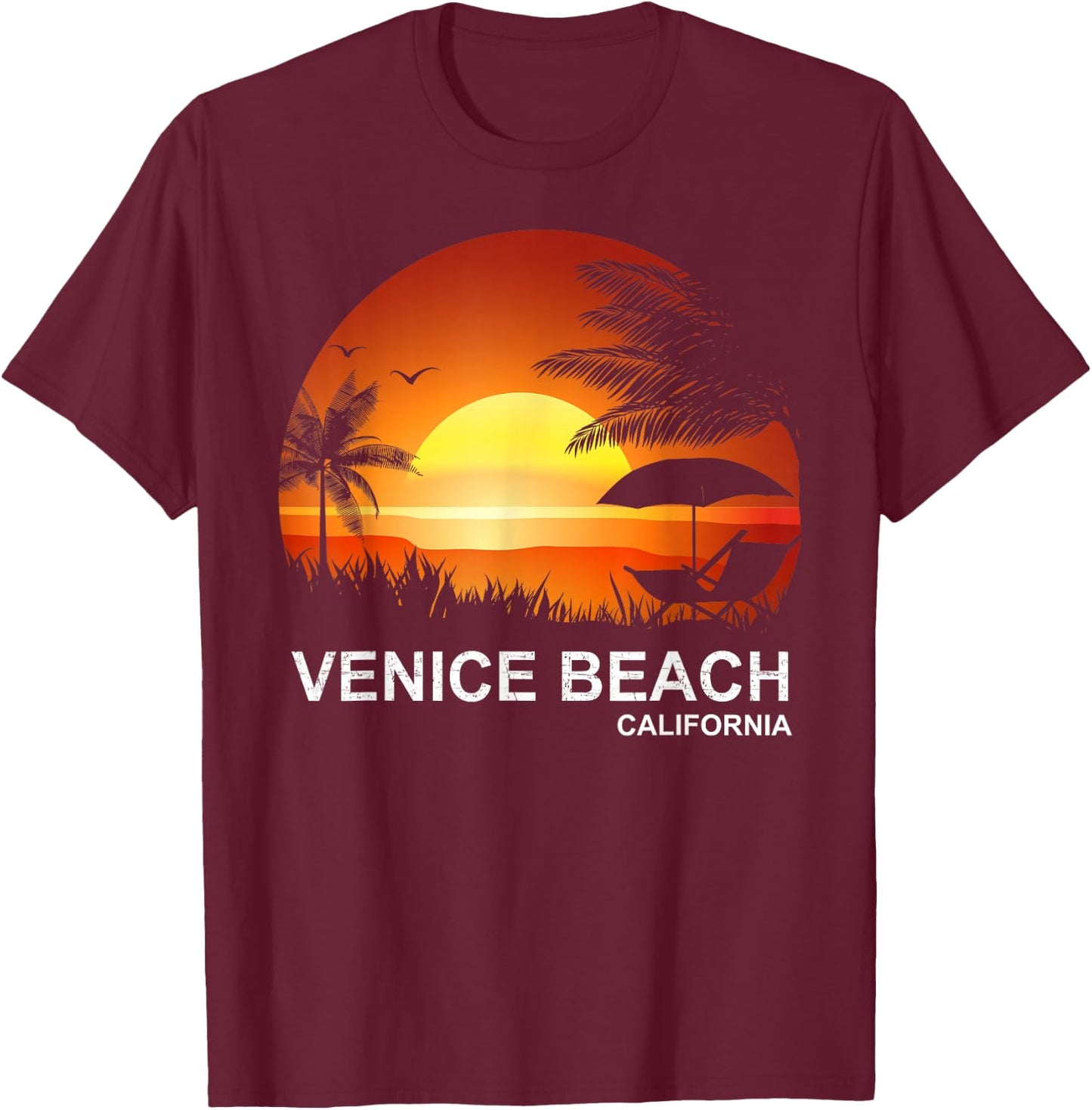 Venice Beach Summer Shirt Vintage Palm Tree California Beach T-Shirt - T-Shirt | Maroon