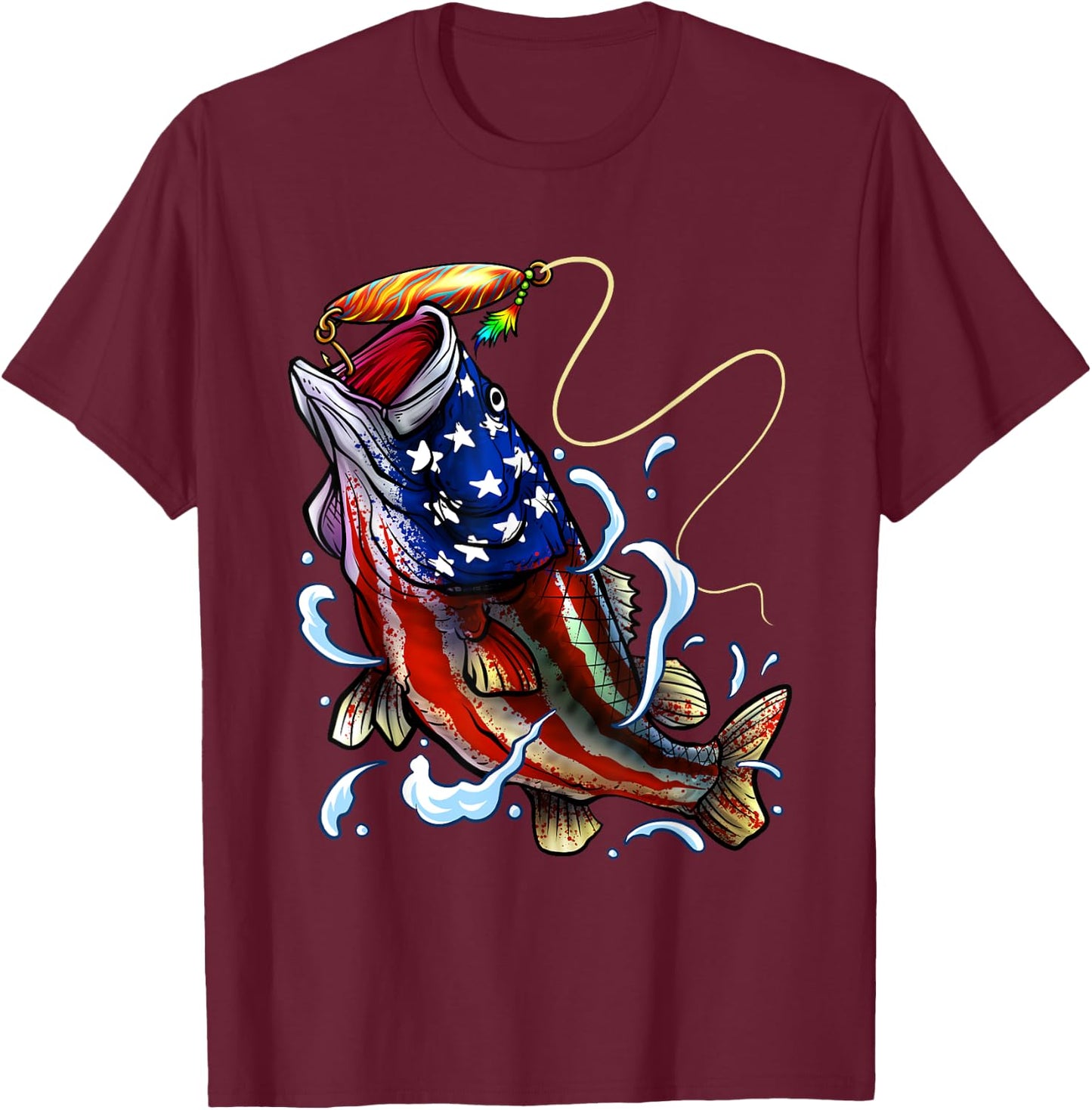 Bass Fishing Fish American Flag Dad Father Fourth Of July T-Shirt - T-Shirt | Maroon