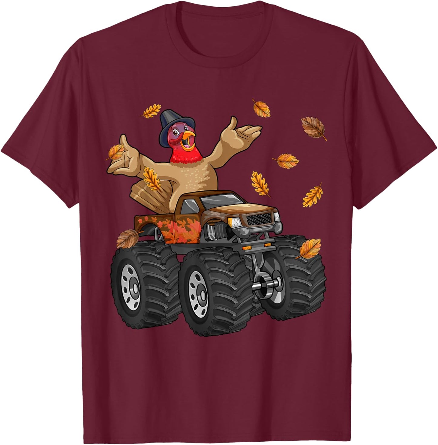 Thanksgiving Turkey Riding Monster Truck Funny Boys Kids T-Shirt - T-Shirt | Maroon
