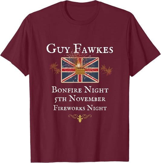 Guy Fawkes British Union Jack Flag, Fireworks United Kingdom T-Shirt - T-Shirt | Maroon