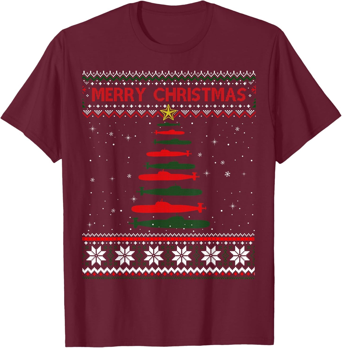 Submarine Navy Military Tree Funny Ugly Christmas Sweater T-Shirt - T-Shirt | Maroon