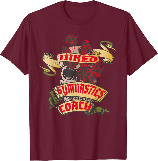 Gymnastics Coach Inked Skull & Red Roses Tattoo T-Shirt - T-Shirt | Maroon