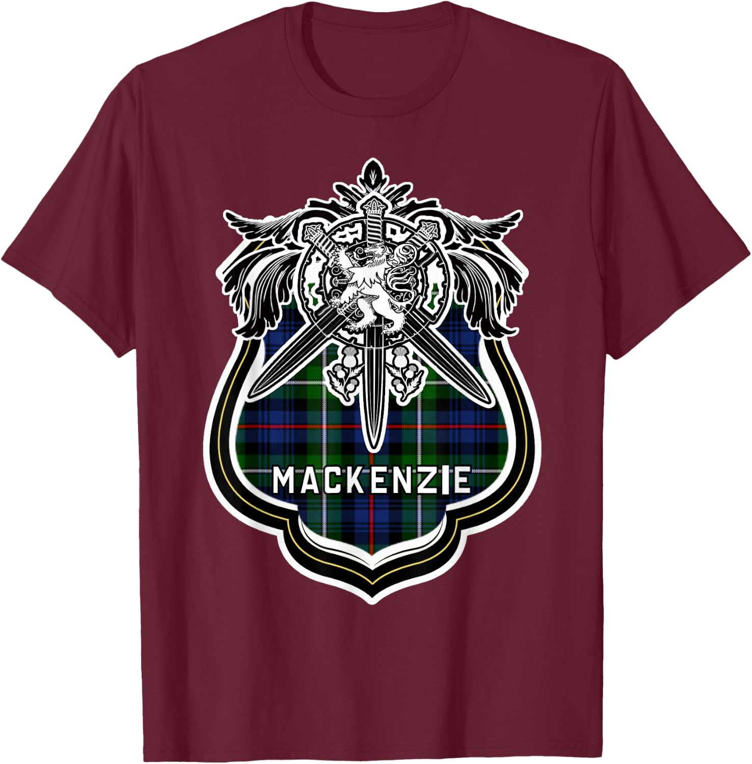 MacKenzie Scottish Clan Family Tartan Lion Sword Name T-Shirt - T-Shirt | Maroon