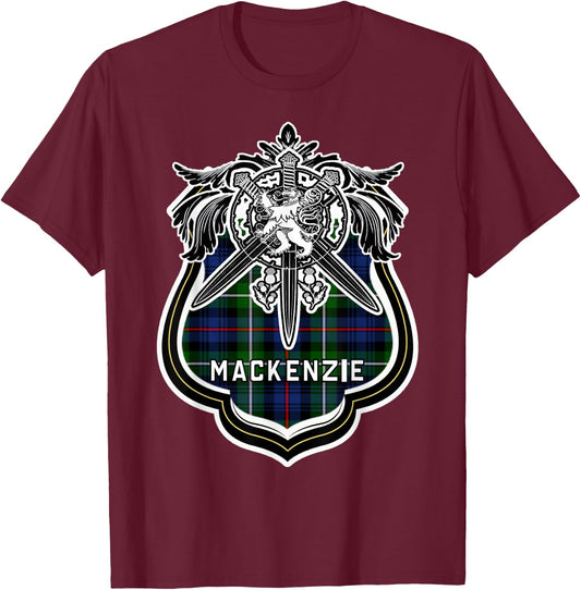 MacKenzie Scottish Clan Family Tartan Lion Sword Name T-Shirt - T-Shirt | Maroon