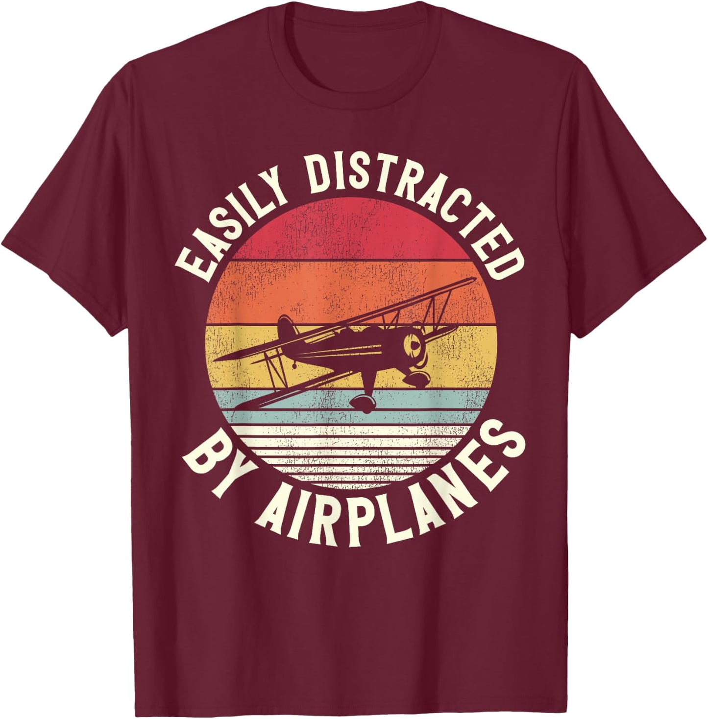 Airplane Pilot Vintage Biplane Easily Distracted By T-Shirt - T-Shirt | Maroon
