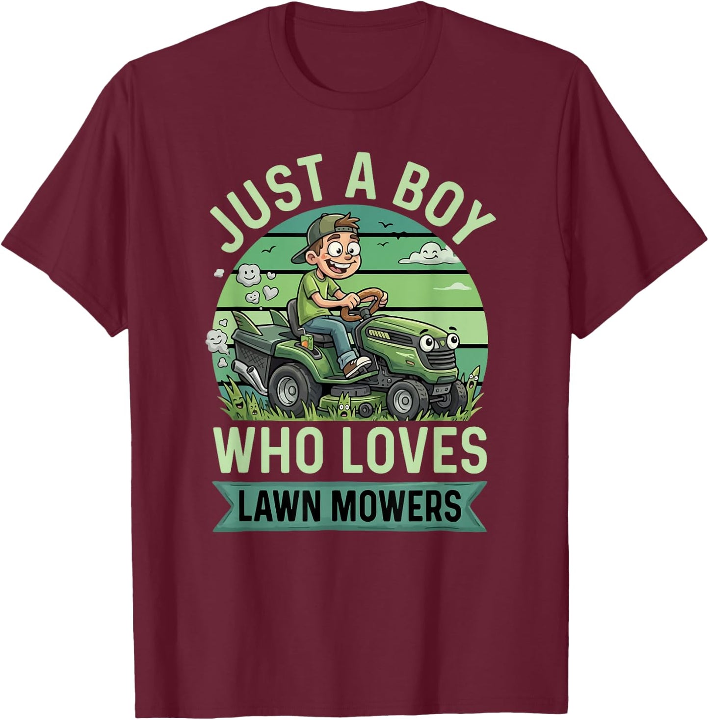 Funny Lawn Mowing Boys Kids Lawn Mower Gardening T-Shirt - T-Shirt | Maroon