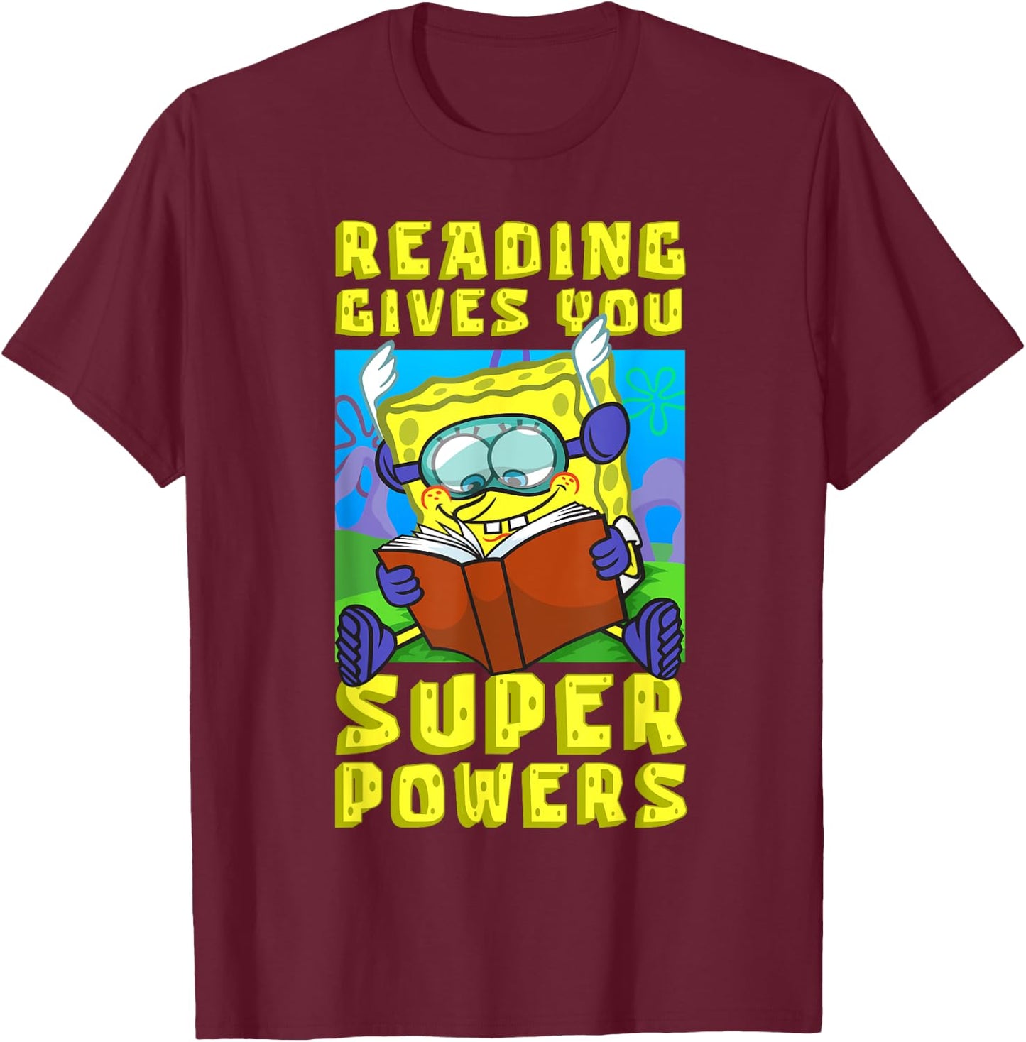 Mademark x SpongeBob SquarePants - SpongeBob Reading Gives You Super Powers Book Stories Reader T-Shirt - T-Shirt | Maroon