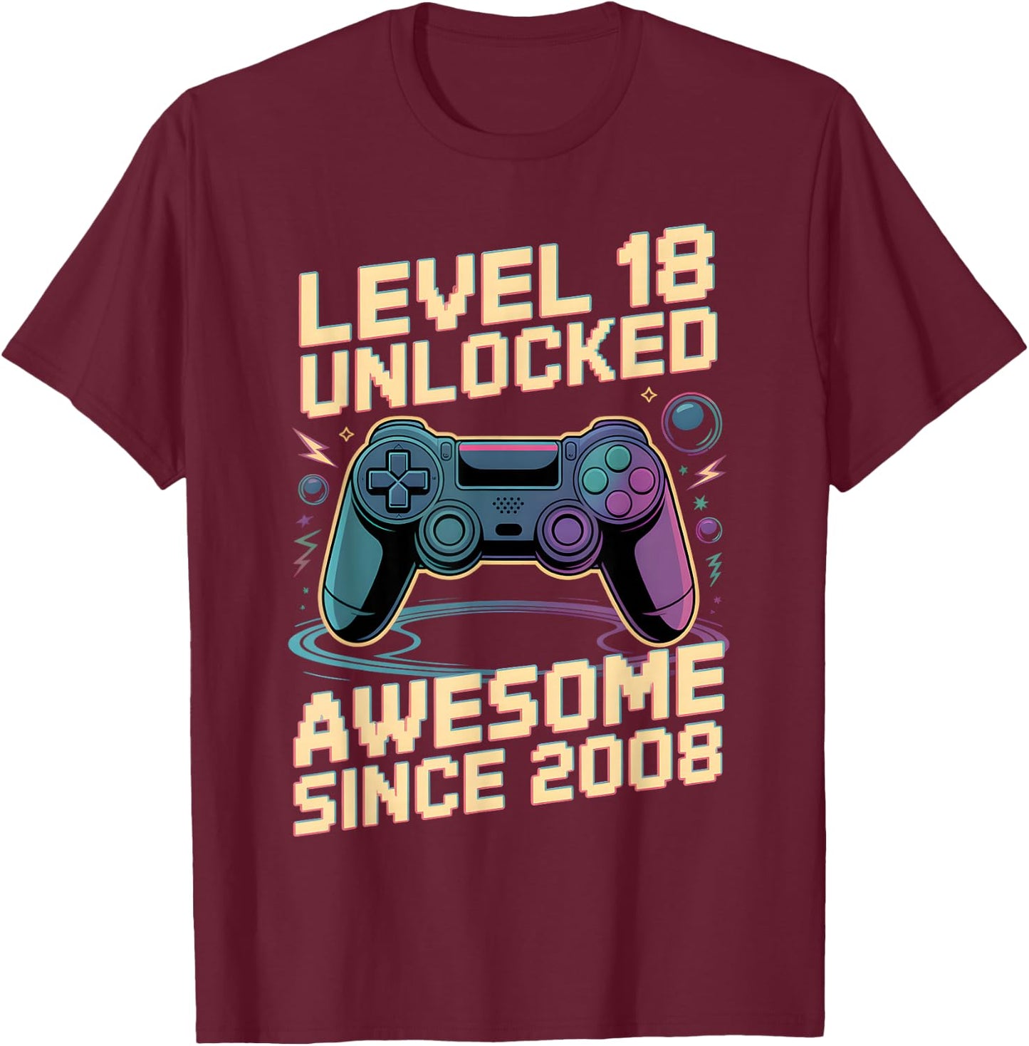18th Birthday Boy Gift Level 18 Gamer 2008 18 Year Old Party T-Shirt - T-Shirt | Maroon