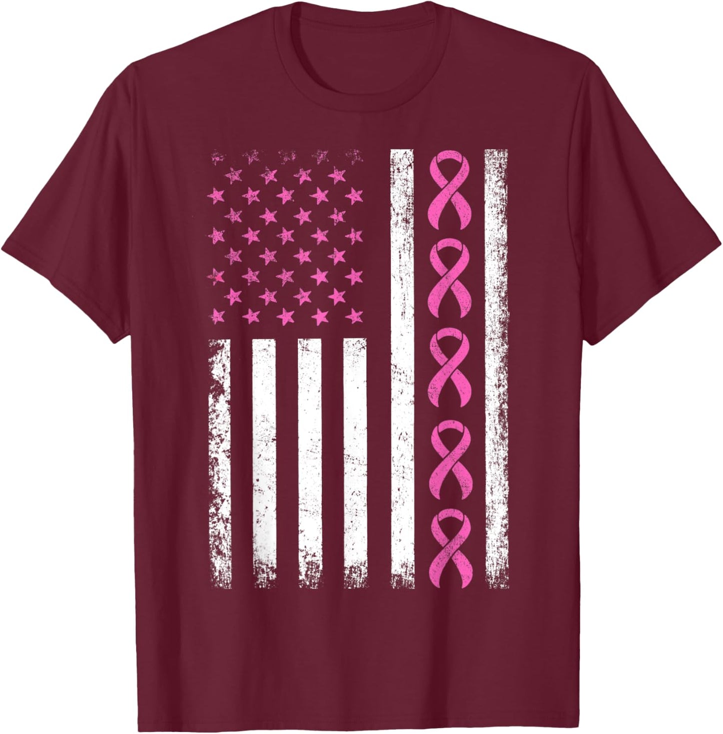 Breast Cancer Awareness American Flag Distressed Women Kids Men T-Shirt - T-Shirt | Maroon