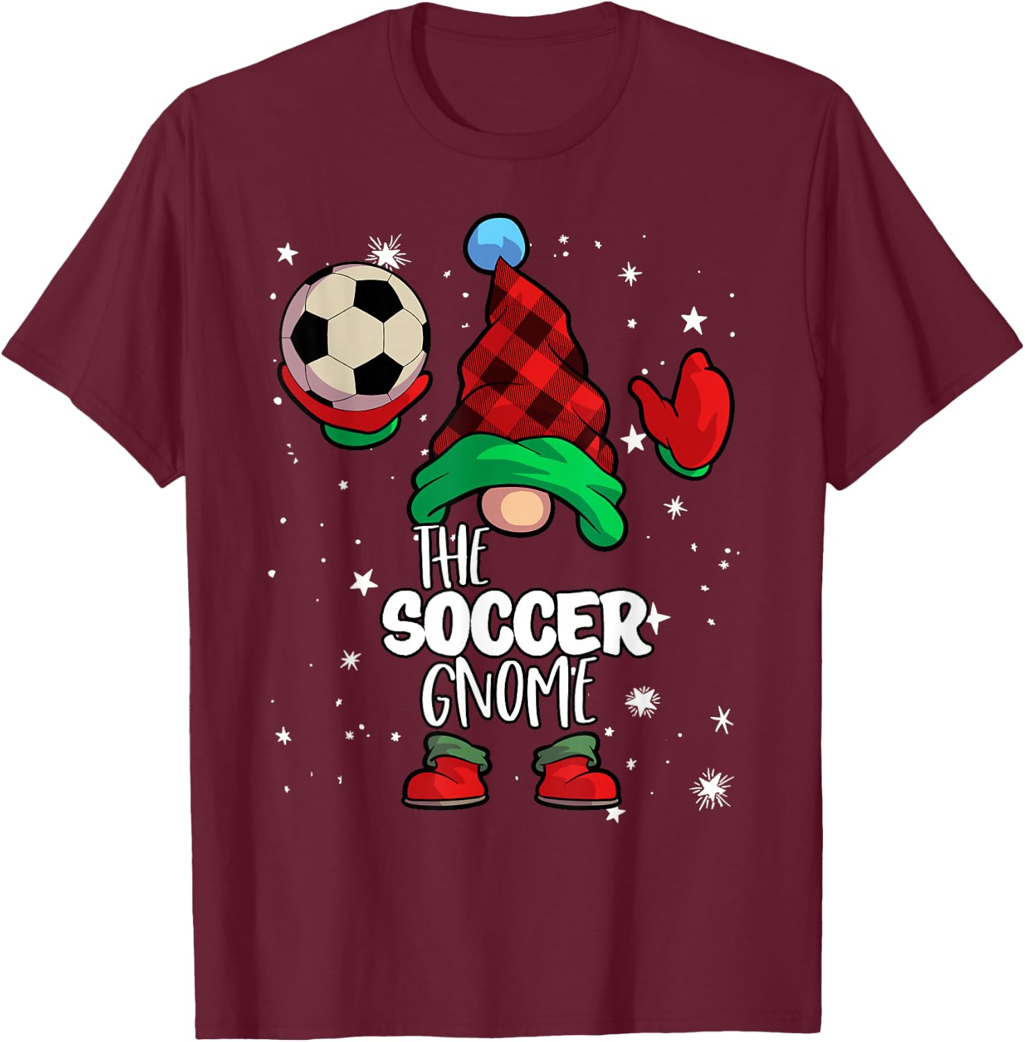 Soccer Gnome Red Buffalo Plaid Matching Family Christmas T-Shirt - T-Shirt | Maroon