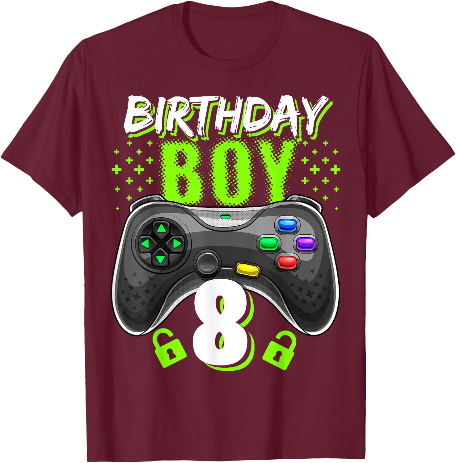 Birthday Boy 8 Video Game Controller Gamer 8th Birthday Gift T-Shirt - T-Shirt | Maroon