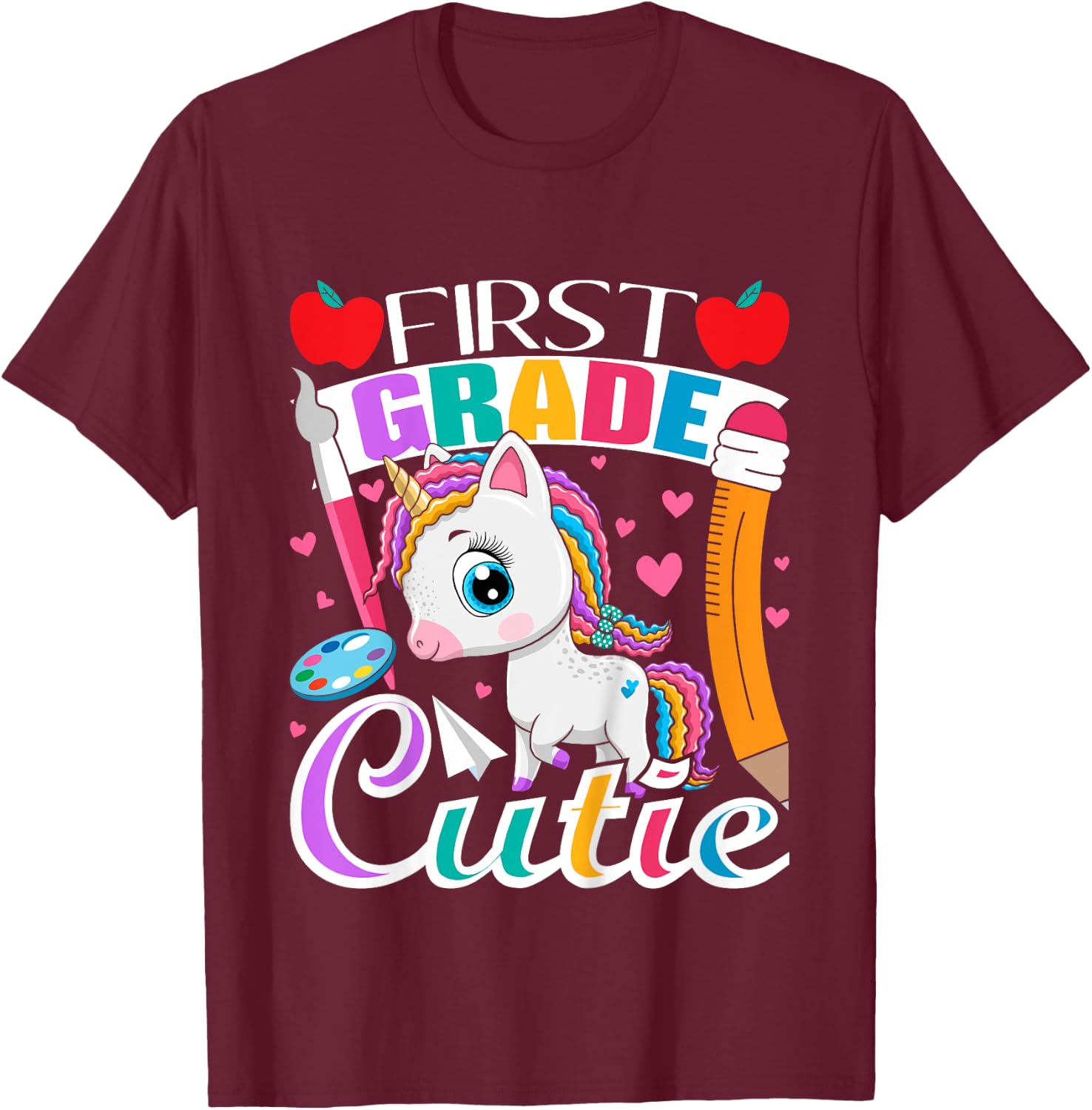 First Grade Cutie - First Day Of School Student Unicorn T-Shirt - T-Shirt | Maroon