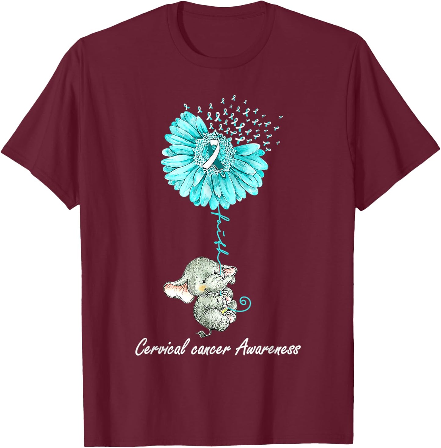 Teal Sunflower Elephant Cervical Cancer Awareness Gift T-Shirt - T-Shirt | Maroon