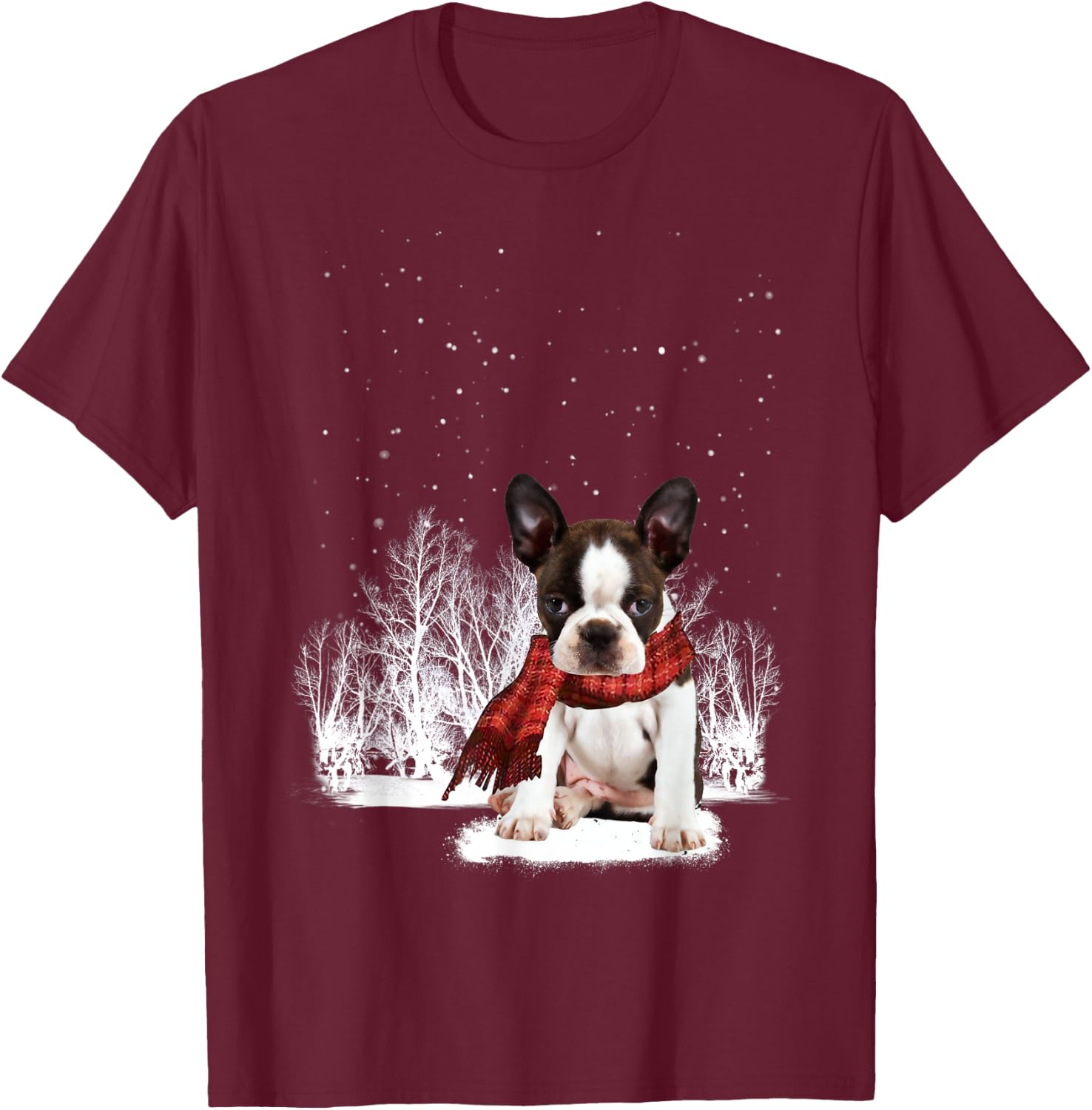 Boston Terrier In The Snow Merry Christmas Winter Gift T-Shirt - T-Shirt | Maroon