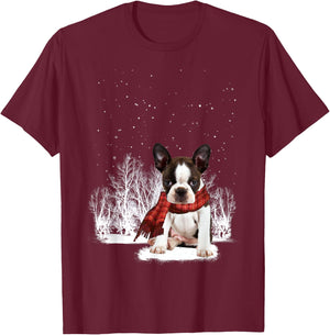 Boston Terrier In The Snow Merry Christmas Winter Gift T-Shirt - T-Shirt | Maroon
