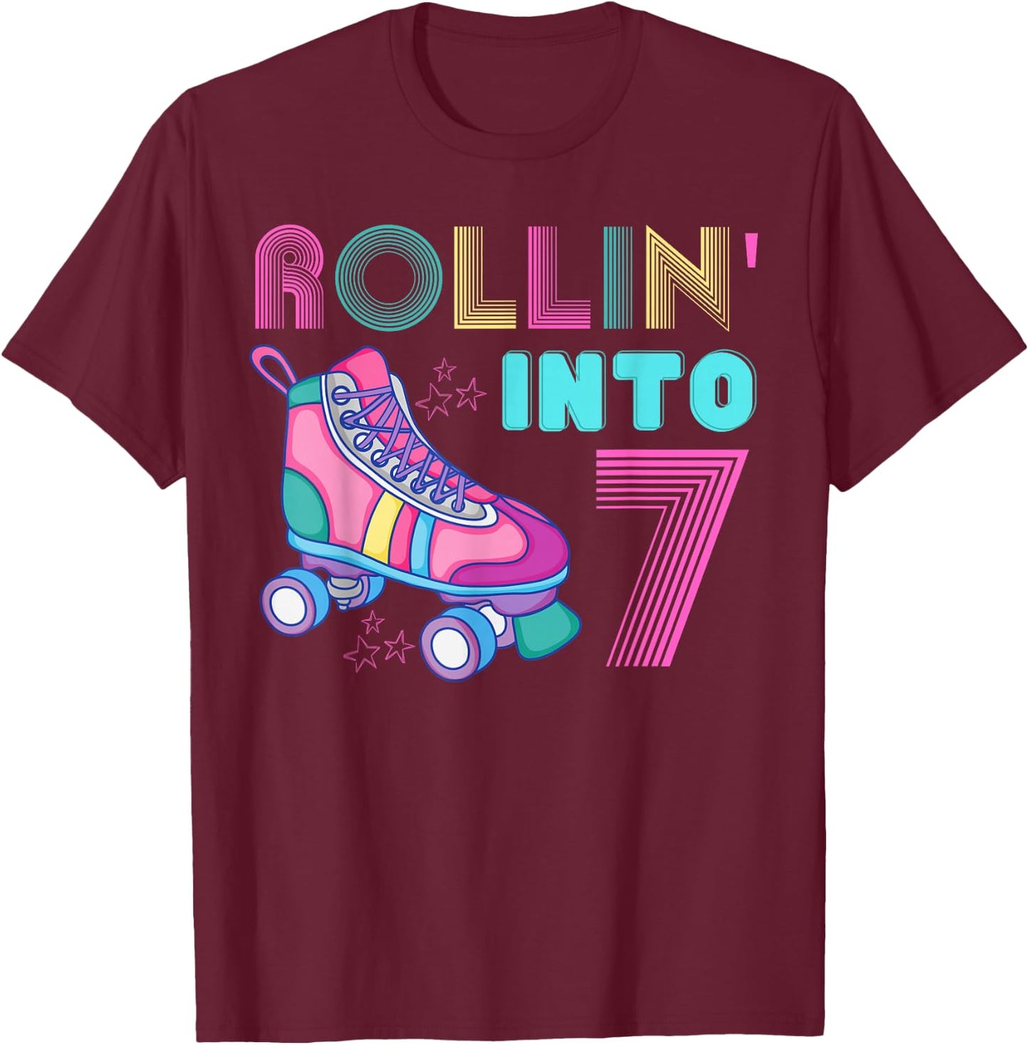 Rolling Into 7 Birthday Party Roller Skating Cute Girl Skate T-Shirt - T-Shirt | Maroon