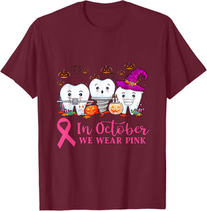 In October We Wear Pink Ribbon tooth Breast Cancer awareness T-Shirt - T-Shirt | Maroon