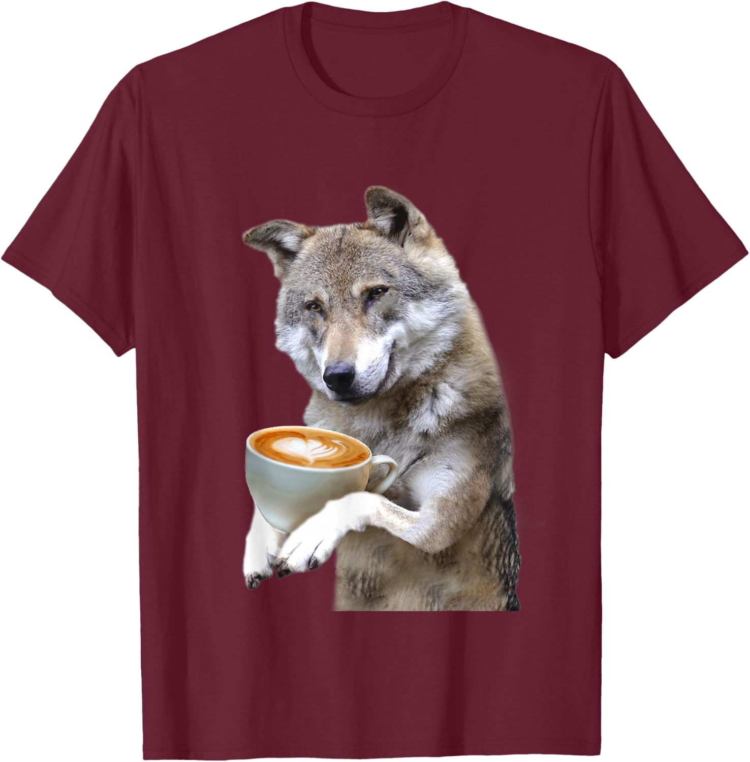 Brown Wolf Wolves Drink Coffee Smiling Funny Sweet T-Shirt - T-Shirt | Maroon