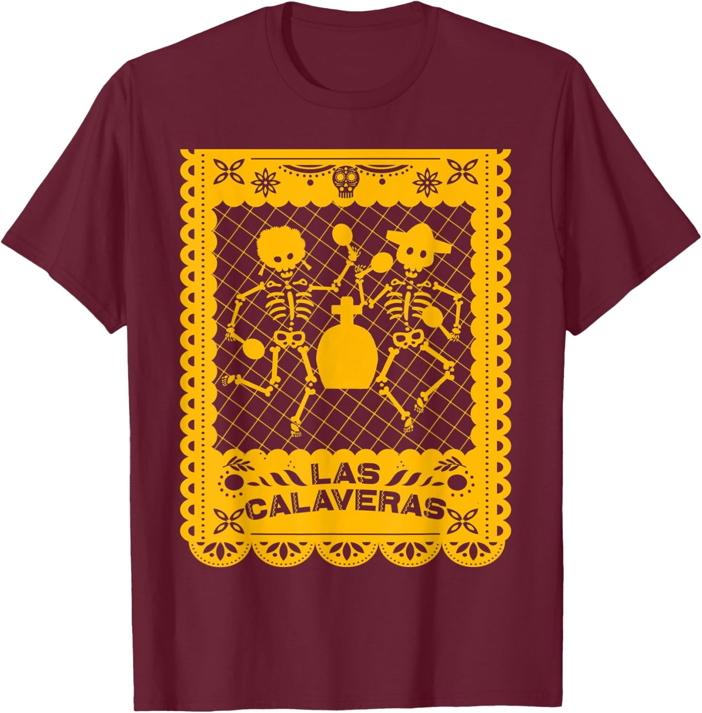 Day of the Dead Dia de Muertos Mexican Papel Picado Calavera T-Shirt - T-Shirt | Maroon
