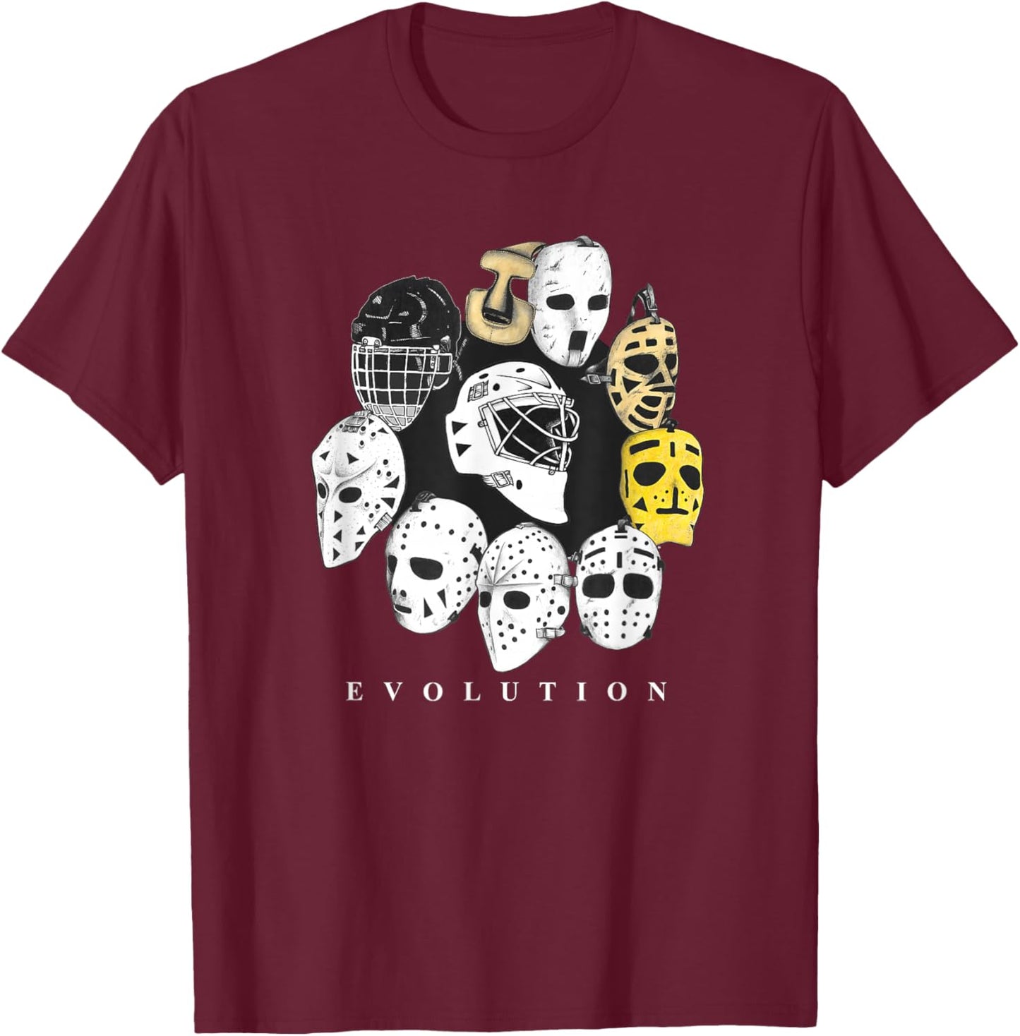 Ice Hockey Goalie Evolution Vintage Retro Modern Masks T-Shirt - T-Shirt | Maroon