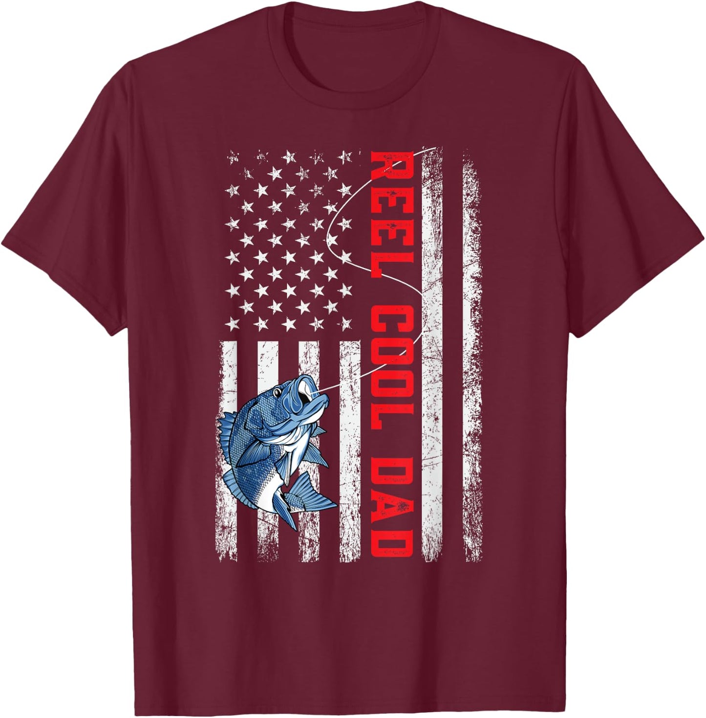 Reel Cool Dad American Flag Father's Day T-Shirt - T-Shirt | Maroon