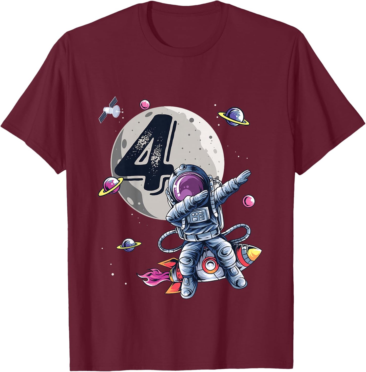 4 Years Old Birthday Boy Astronaut Gifts Space 4th B-Day T-Shirt - T-Shirt | Maroon