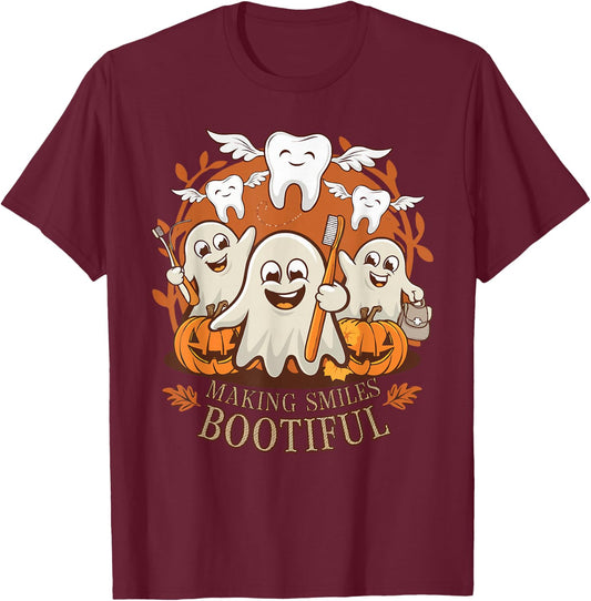 Making Smiles Bootiful Funny Ghost Dentist Halloween Dental T-Shirt - T-Shirt | Maroon