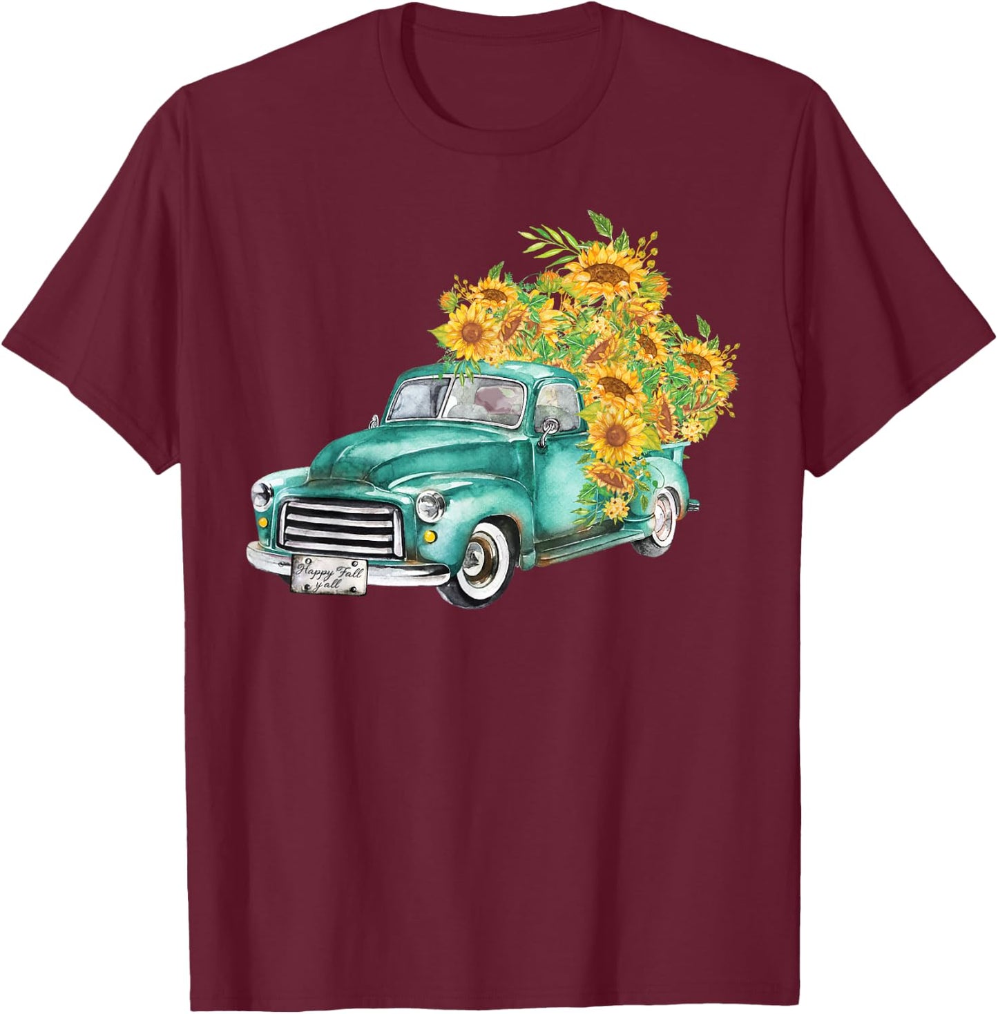 Vintage Truck Sunflowers Happy Fall Y'all T-Shirt - T-Shirt | Maroon
