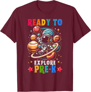 First day Kids Welcome back to School Astronaut Space Pre-k T-Shirt - T-Shirt | Maroon