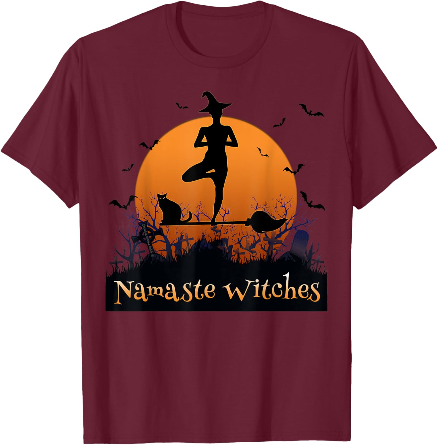 Yoga Lovers Namaste Witches Full Moon Cemetery Halloween T-Shirt - T-Shirt | Maroon