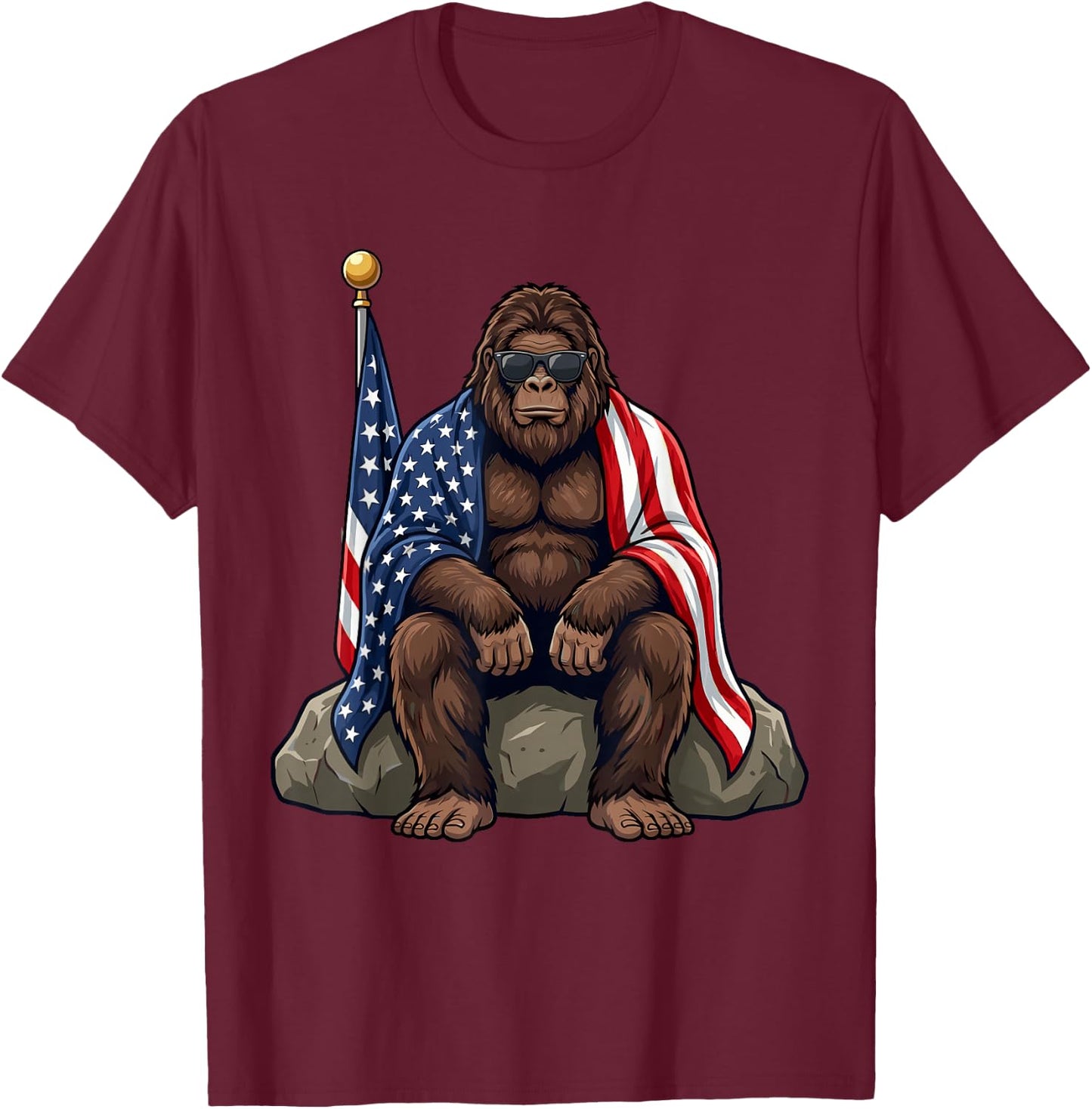 Patriotic Bigfoot 4th of July Sasquatch USA Flag T-Shirt - T-Shirt | Maroon