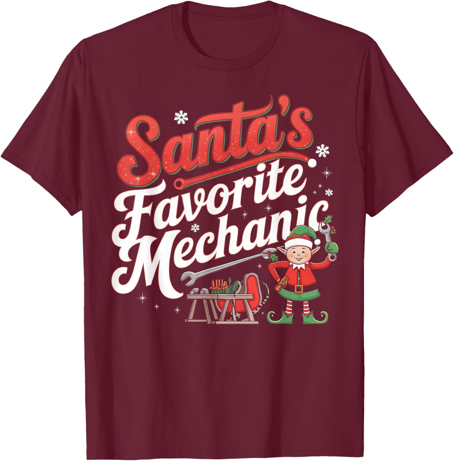 Santa’s Favorite Mechanic Funny Christmas Car Auto Repair T-Shirt - T-Shirt | Maroon