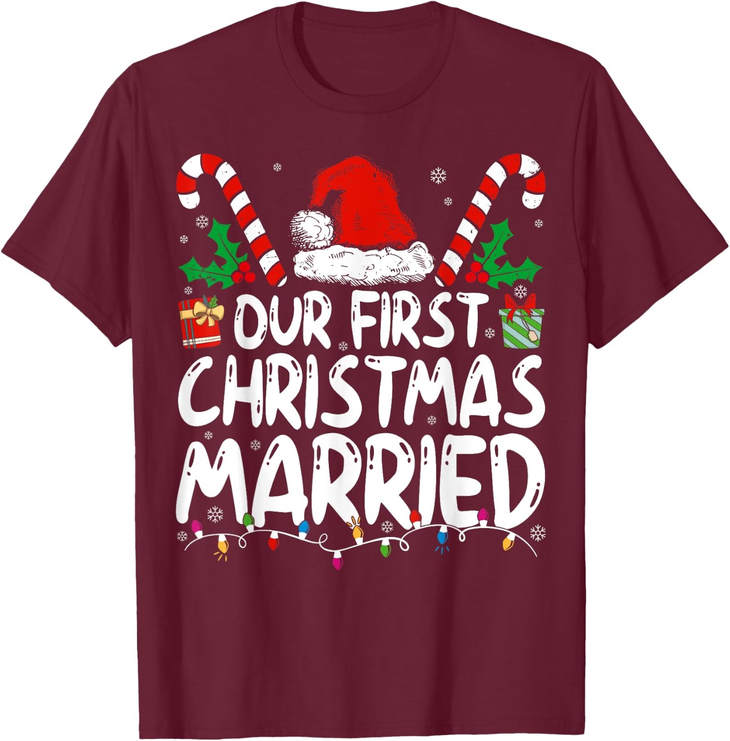 Our First Christmas Married As Mr and Mrs Couples Matching T-Shirt - T-Shirt | Maroon