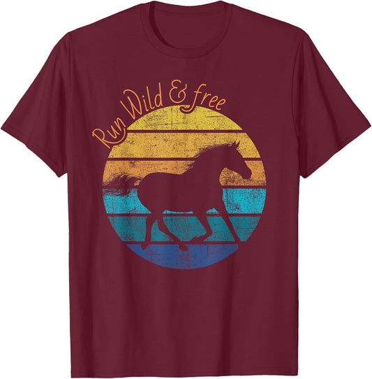 Beautiful horse retro sunset run wild and free horse graphic T-Shirt - T-Shirt | Maroon