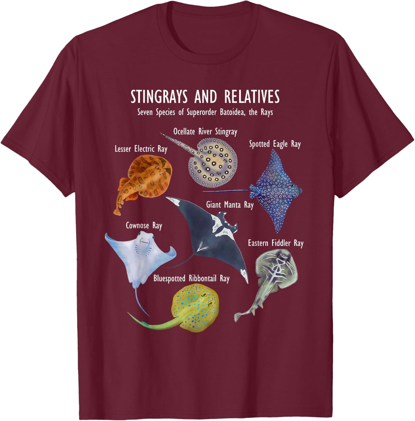 Stingray Species: Manta Ray, River Stingray, and More T-Shirt - T-Shirt | Maroon