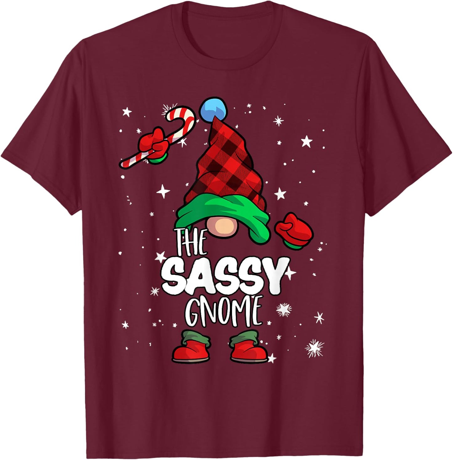 Sassy Gnome Red Buffalo Plaid Matching Family Christmas T-Shirt - T-Shirt | Maroon