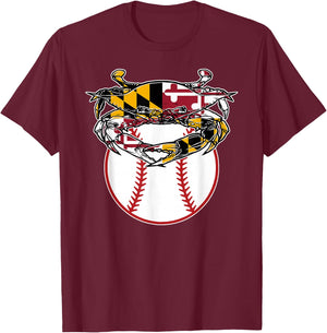 Maryland Crab State Pride Flag Gift - Baseball & Blue Crab T-Shirt - T-Shirt | Maroon