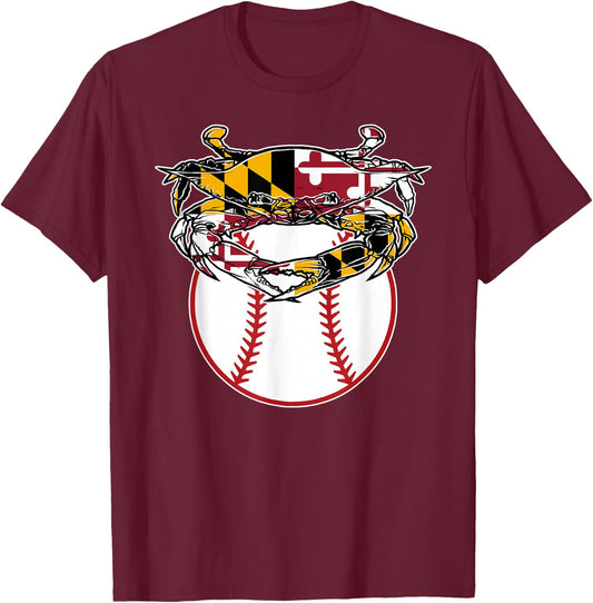 Maryland Crab State Pride Flag Gift - Baseball & Blue Crab T-Shirt - T-Shirt | Maroon