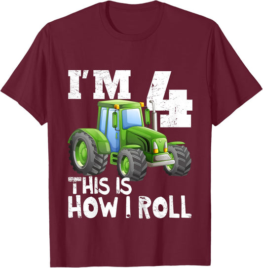 Kids Kids Farm Tractor 4th Birthday Party Shirt 4 Years Old T-Shirt - T-Shirt | Maroon
