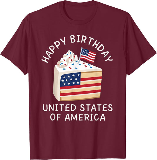 Happy Birthday United States of America Retro Flag Cake T-Shirt - T-Shirt | Maroon
