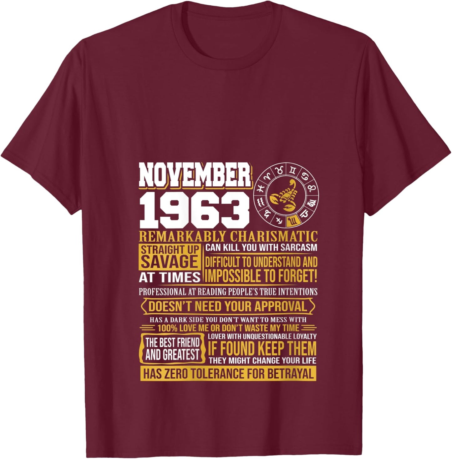 November Birthday Gifts - Born November Scorpio 1963 Funny V-Neck T-Shirt - T-Shirt | Maroon