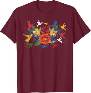 Floral Bird Flowers Hummingbird Animal Vintage Hummingbird T-Shirt - T-Shirt | Maroon