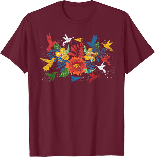 Floral Bird Flowers Hummingbird Animal Vintage Hummingbird T-Shirt - T-Shirt | Maroon