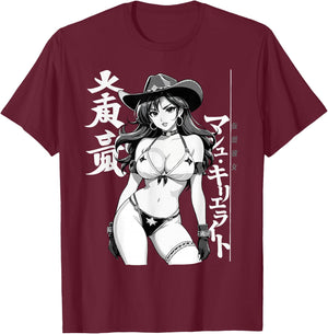 Sexy Waifu Anime Cowgirl Girl Sherif Rodeo T-Shirt - T-Shirt | Maroon